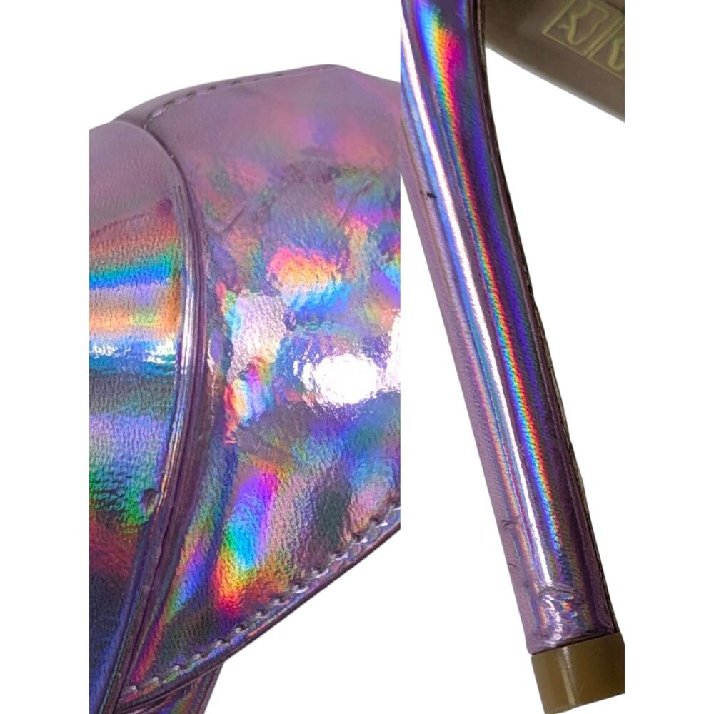 Holographic Iridescent Pink Purple Strappy Stiletto Heels Ankle Strap Y2K 8 NWOT - Picture 8 of 9